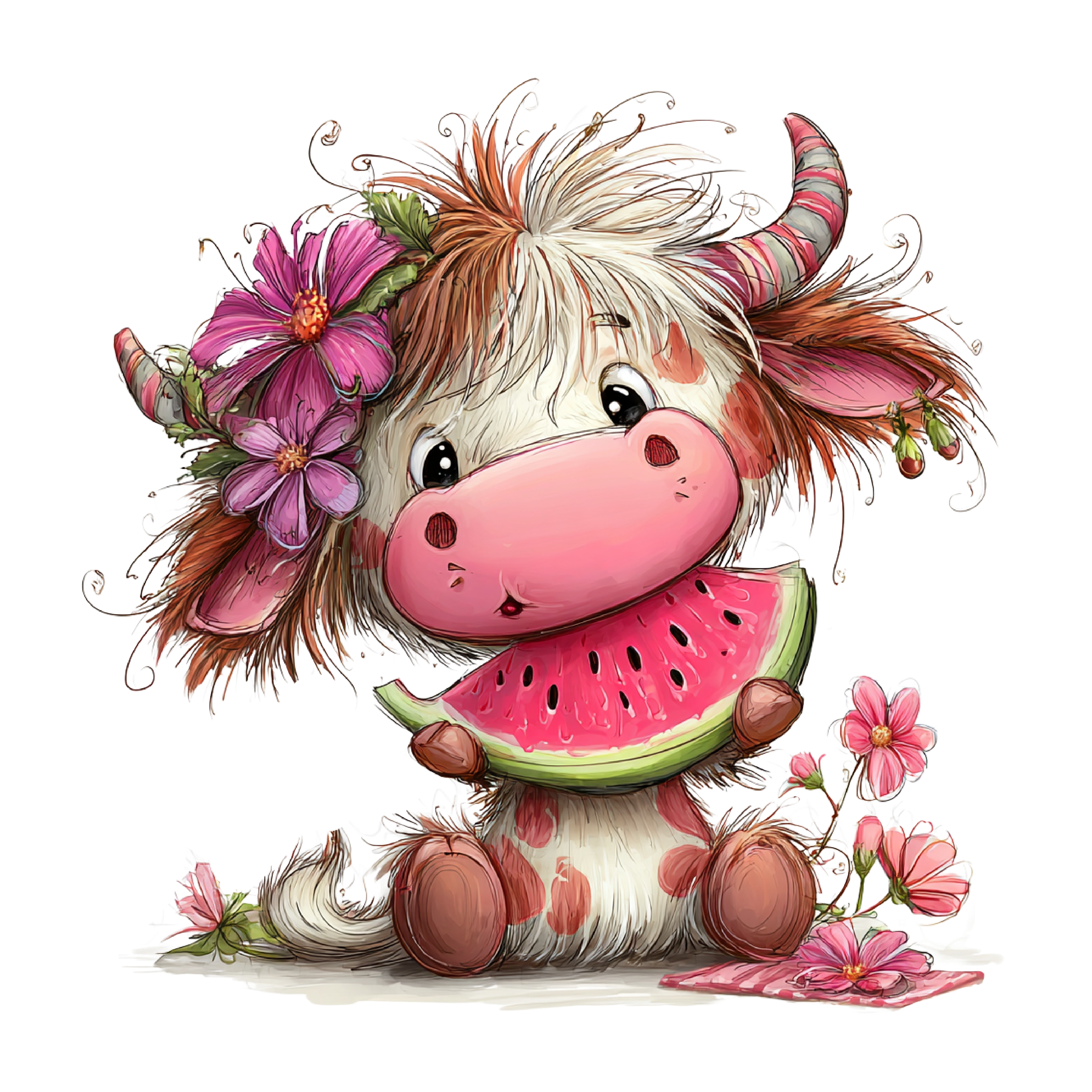 Whimsical Summer Highland Cow DTF Print